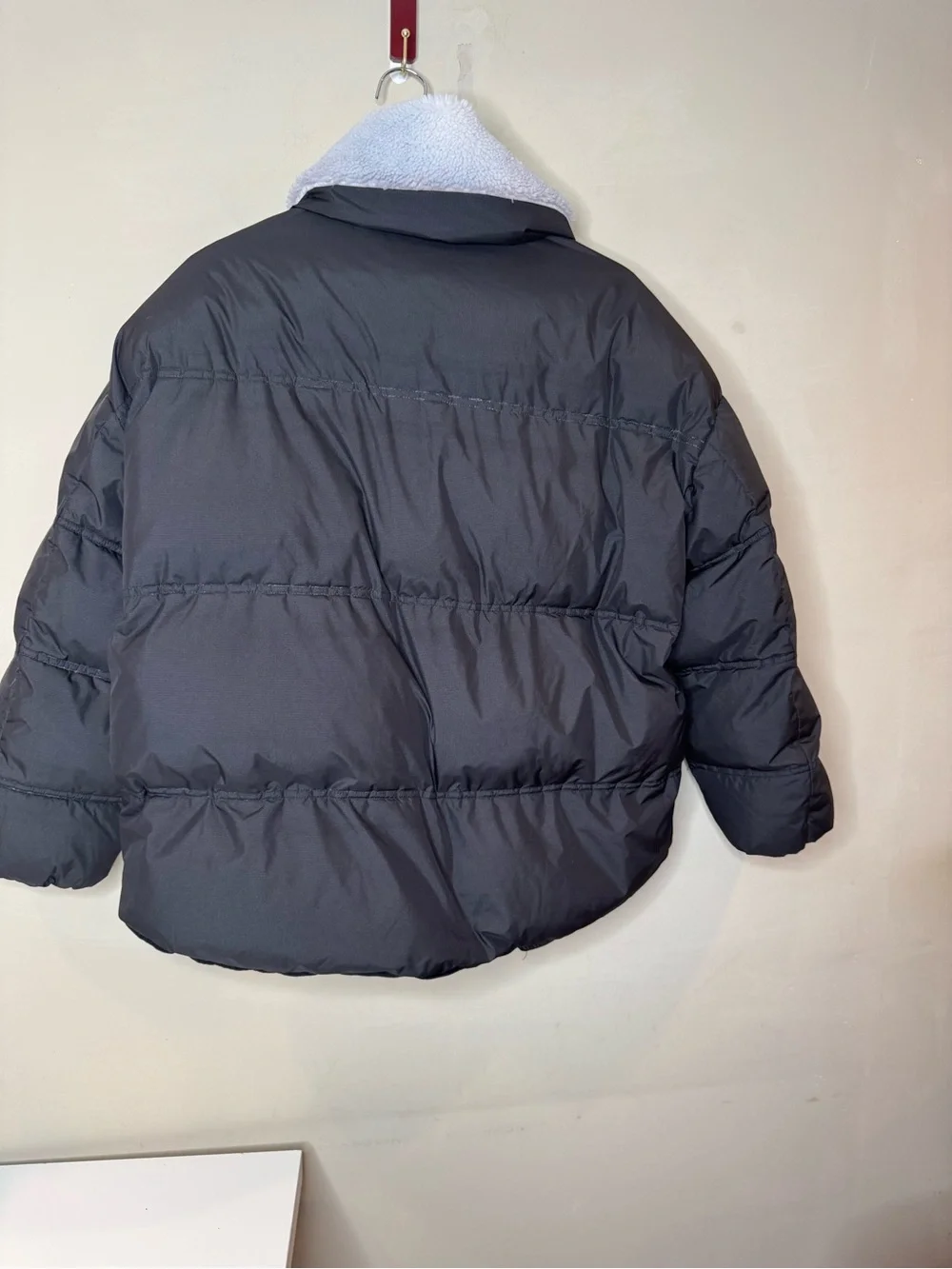 Line & Dot Oversized Puffer Jacket Large Black Sherpa Collar Cropped Coat